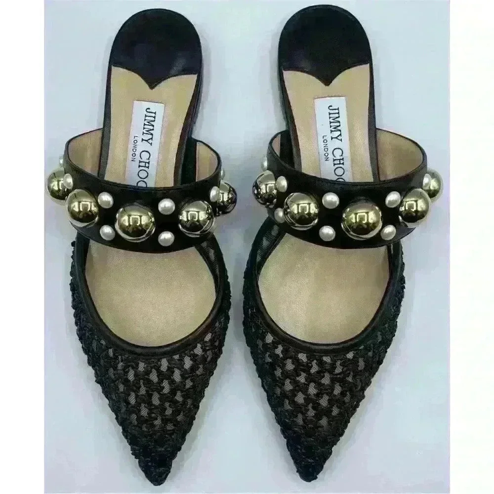 Jimmy Choo Black Basette Raffia Pearl Embellished Flat Mules Size 37.5 - Picture 3 of 8